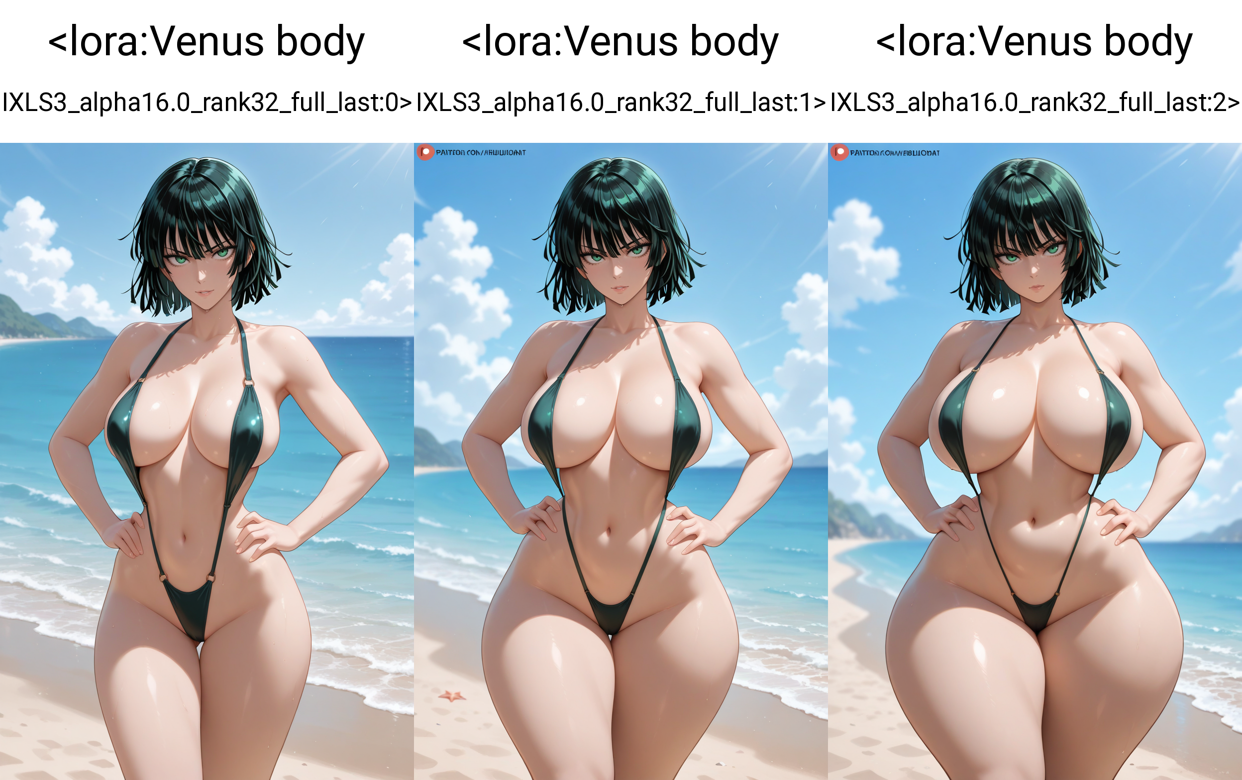 masterpiece, best quality, 1girl, slingshot swimsuit, beach, fubuki \(one-punch man\), hands on own hips, looking at viewer,   <lora:Venus body IXLS3_alpha16.0_rank32_full_last:0>