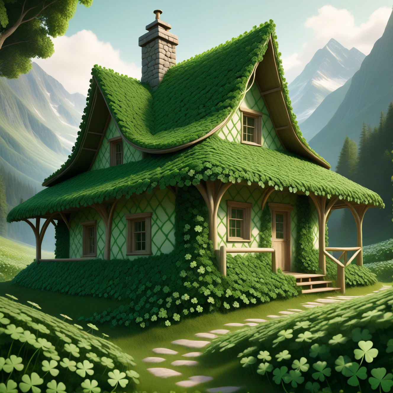 mountains,  HUD_shmrck, cottage made of delicate shamrock clover leaves intricately woven together, <lora:Shamrocked:0.8>, creating a whimsical and ethereal look, highly detailed