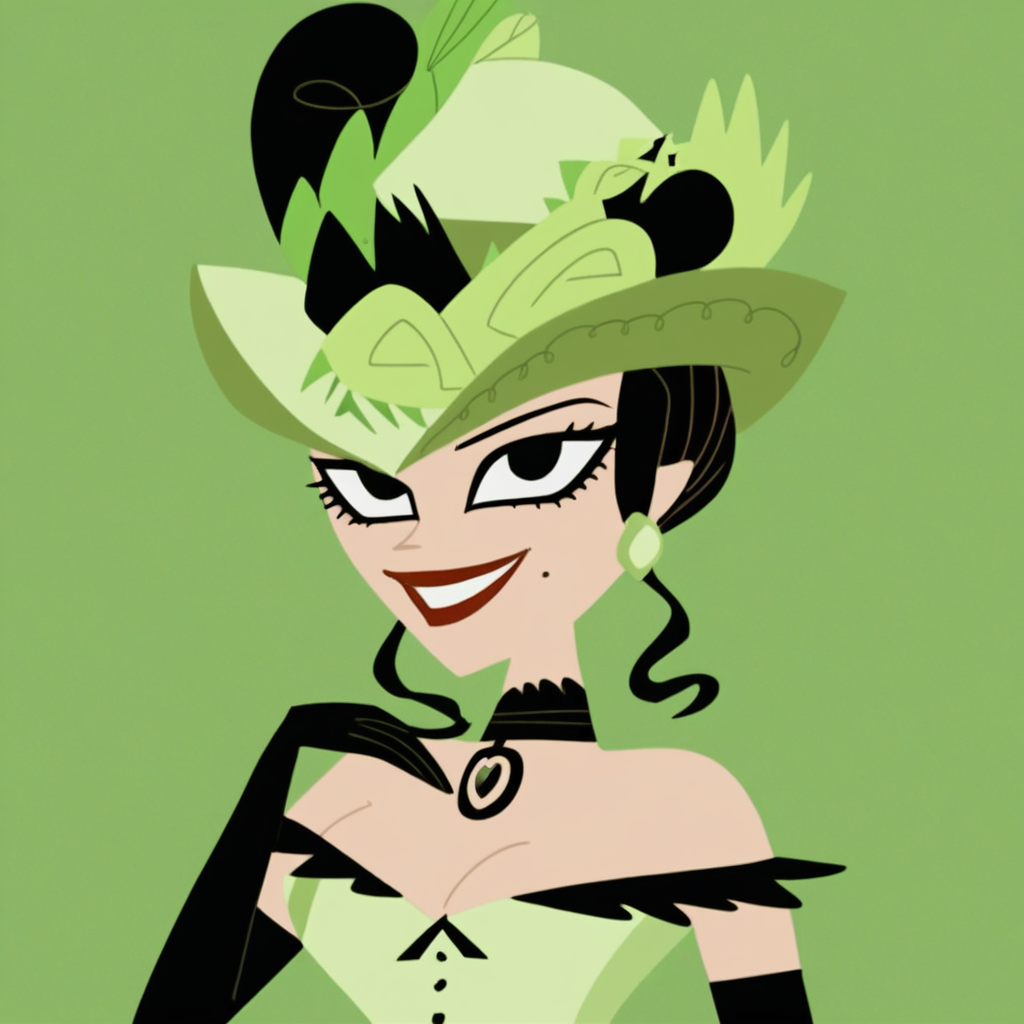 score_9, masterpiece, 1girl, Solo, female focus, Josephine_SJ, light skin, black hair, hairstyle elegant in high bun, black eyes, red lips, long eyelashes, small black mole on cheek, small light green earrings, light green hat decorated with feathers and flowers, long light green victorian dress with a plunging neckline, long black gloves, black necklace with a green heart, long tight black stockings, black heels, big eyes, medium stature, standing, close-up, room background, looking at viewer, perfect eyes, face photo, detailed eyes, smile