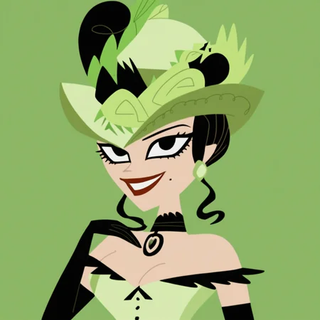 score_9, masterpiece, 1girl, Solo, female focus, Josephine_SJ, light skin, black hair, hairstyle elegant in high bun, black eyes, red lips, long eyelashes, small black mole on cheek, small light green earrings, light green hat decorated with feathers and flowers, long light green victorian dress with a plunging neckline, long black gloves, black necklace with a green heart, long tight black stockings, black heels, big eyes, medium stature, standing, close-up, room background, looking at viewer, perfect eyes, face photo, detailed eyes, smile
