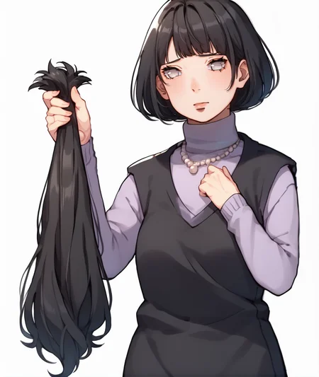 score_9, score_8_up, score_7_up, source_anime,BREAK,white background, 1girl,solo, embarrassed, blush,,( mature female:1.2), <lora:BigChopPONYXL:0.9>,bigchop, blackhair, short hair, <lora:HINATAikemotoPONYXL:1>hinaike, turtleneck sweater, black vest, pearl eyes, full body,