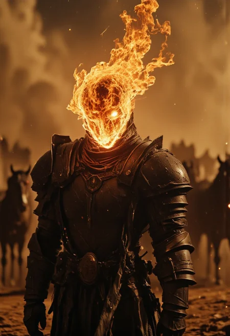 Cinematic close-up of a rogue in tattered leather armor, his head replaced by roaring, wind-torn flames. He stands amidst a thundering herd of wild horses, their powerful forms blurring into motion, kicking up dust and shadows. The air is thick with chaos, the storm of hooves drowning out all but the flickering roar of his enchanted fire. His shredded cloak and leather straps whip violently in the turbulence, his flame bending and writhing with the stampede’s force. Only sparse beams of golden light pierce through the swirling mass of beasts, illuminating the rogue’s charred pauldrons and the translucent, supernatural glow radiating from his fire-wrought crown. The scene is drenched in deep, cinematic tones—muted browns, scorched blacks, and ember-lit oranges, giving the image a dramatic, moody intensity. Cinematic composition, hyper-detailed textures, Leica Q2 with Summilux 35mm f/1.2 ASPH, ultra high resolution, 8K, RAW photo, dramatic angle, rich texture details, epic lighting.