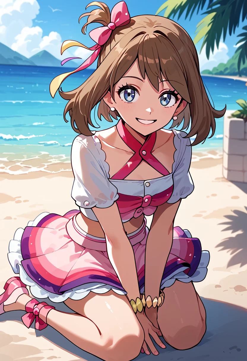 Sitting, leaning forward with elbows on knees, looking at viewer, smile, <lora:MayORASPony:1>May_Con, medium hair, brown hair, blue eyes, one side up, hair bow, earrings, idol clothes, halterneck, white shirt, short sleeves, bracelet, buttons, midriff, pink skirt, shorts under skirt, leg ribbon, pink footwear,, score_9, score_8_up, score_7_up, score_6_up, score_5_up, score_4_up,