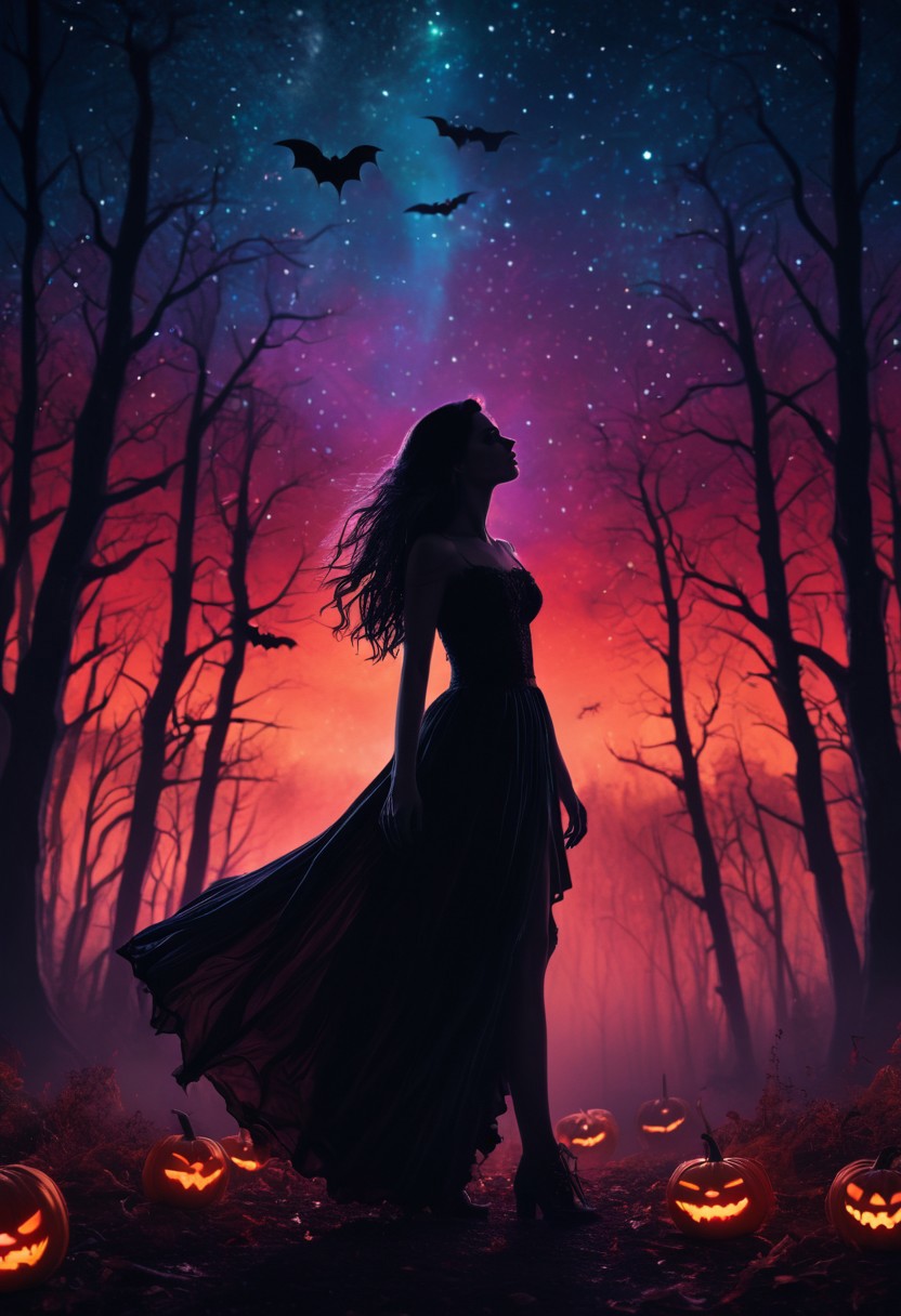 masterpiece, high quality, abstract, 1girl, vampire lady, elegant vampire clothes, centered, side view, black silhouette of a girl, (long flowy hair), flowy skirt, red bloody forest background, ((dynamic pose)), night time, dark theme, starry sky, glowing hair, cinematic, vivid colors, ((saturated neon colors)), perfect hands, anzhcdreamwave, aesthetic, Perfect Hands, aurora borealis, ((glowing halloween pumpkins)), ((bats))