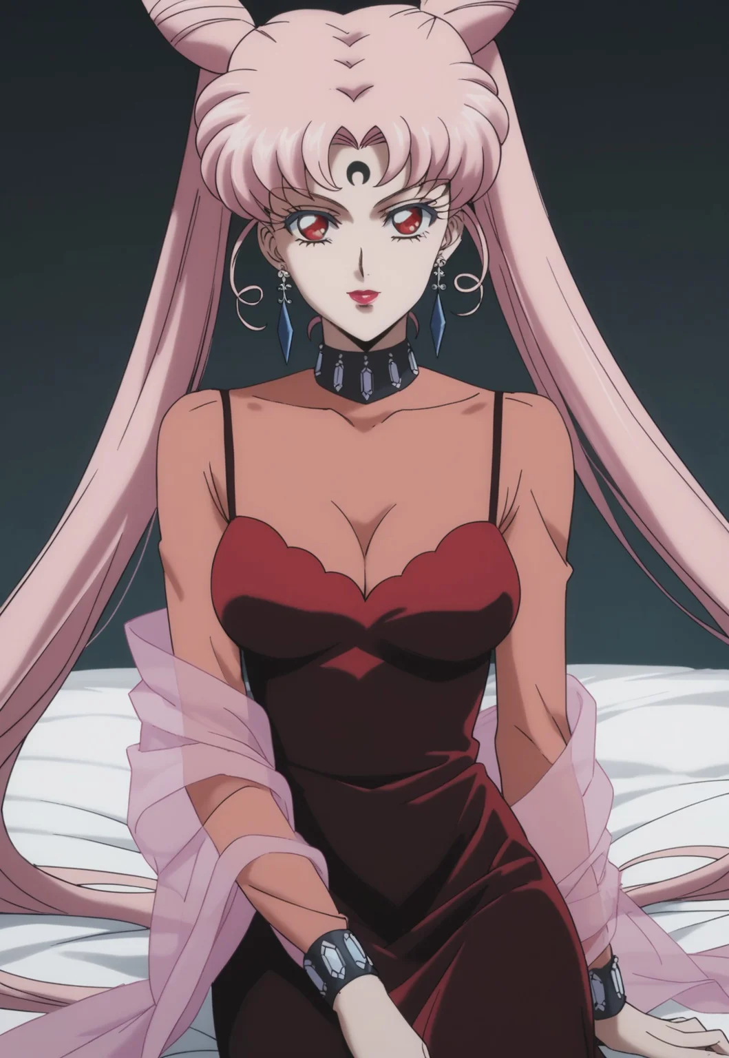 safe_pos, score_9,score_8_up,score_7_up,BlackLadyXL,red eyes,lipstick,crescent facial mark,pink hair,double bun,cone hair bun,twintails,long hair,very long hair,crystal earrings,crimson dress,pink Shawl,medium breast,black bracelet,black choker,sitting on bed