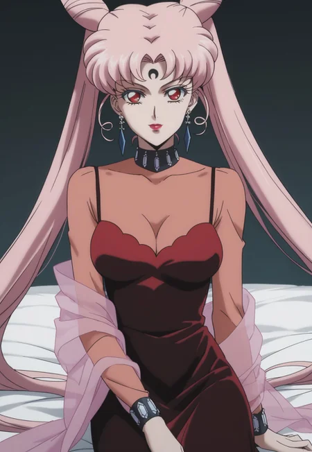 safe_pos, score_9,score_8_up,score_7_up,BlackLadyXL,red eyes,lipstick,crescent facial mark,pink hair,double bun,cone hair bun,twintails,long hair,very long hair,crystal earrings,crimson dress,pink Shawl,medium breast,black bracelet,black choker,sitting on bed