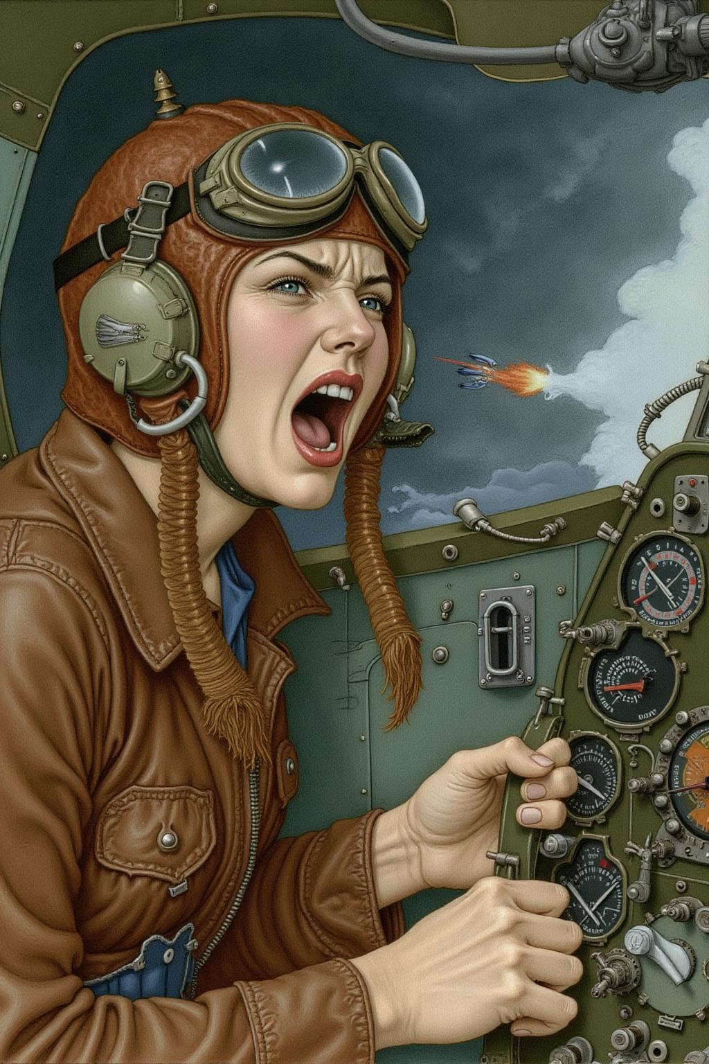 olgadugina1 illustration. 
A female pilot screaming inside the cockpit of a World War II bomber. The pilot, wearing a vintage leather flight helmet with goggles and a bomber jacket, grips the controls with white-knuckled hands. Her face is contorted in a mix of fear and determination as she yells, her eyes wide with adrenaline. The cockpit is cramped and filled with old-fashioned dials and gauges, with the outside view showing dark stormy clouds and distant anti-aircraft fire  <lora:olgadugina2_cap_d6a3e9:1.0><lora:858120311944536095:0>