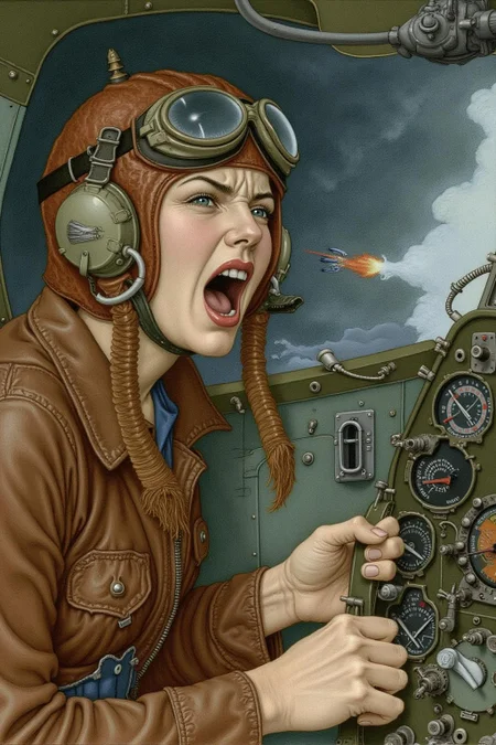 olgadugina1 illustration.
A female pilot screaming inside the cockpit of a World War II bomber. The pilot, wearing a vintage leather flight helmet with goggles and a bomber jacket, grips the controls with white-knuckled hands. Her face is contorted in a mix of fear and determination as she yells, her eyes wide with adrenaline. The cockpit is cramped and filled with old-fashioned dials and gauges, with the outside view showing dark stormy clouds and distant anti-aircraft fire <lora:olgadugina2_cap_d6a3e9:1.0><lora:858120311944536095:0>