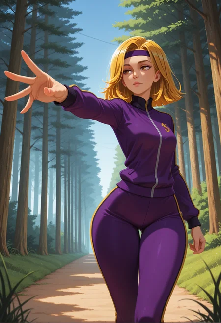 masterpiece, best quality, amazing quality, volumetric lighting, high contrast, realistic, vibrant colour, (no lineart:1.5), BREAK, 1girl, 40 years old,
<lora:coach_greer_v2:0.7> coach_gre3r, blonde hair, headband, medium hair, purple tracksuit, slim, wide hips, mature woman
, foreshortening,
blue sky, outdoors, forest, grass,