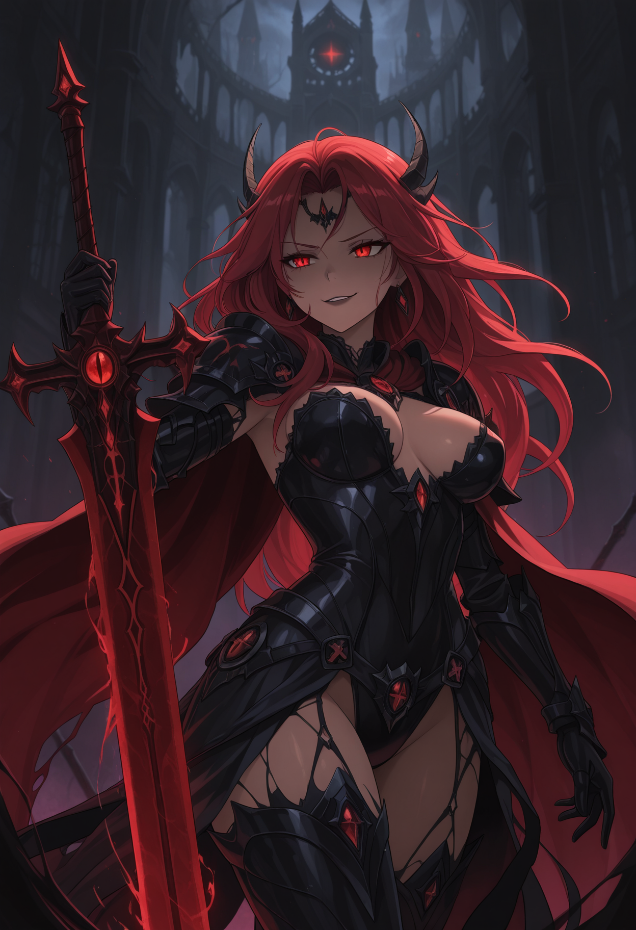 score_9, score_8_up, score_7_up, score_6_up, dynamic, (anime, masterpiece), best quality, (8k), detailed background, sharp focus, intricate, ambient lighting, super high quality, hyper detailed background, cinematic lighting, adult, double tone long hair, medium breasts, verybadimagenegative_v1.3, fantasy, death knight, seductive dark-armored, form-fitting obsidian plate, plunging neckline, thigh-high boots, flowing crimson cape, smoldering red eyes, wicked curved sword, sultry smirk, commanding presence, dark magic wisps, ominous castle backdrop, nip slip, naked, <lora:CatGirlStyle\CatgirlStyle-000014>, CatGirlStyle