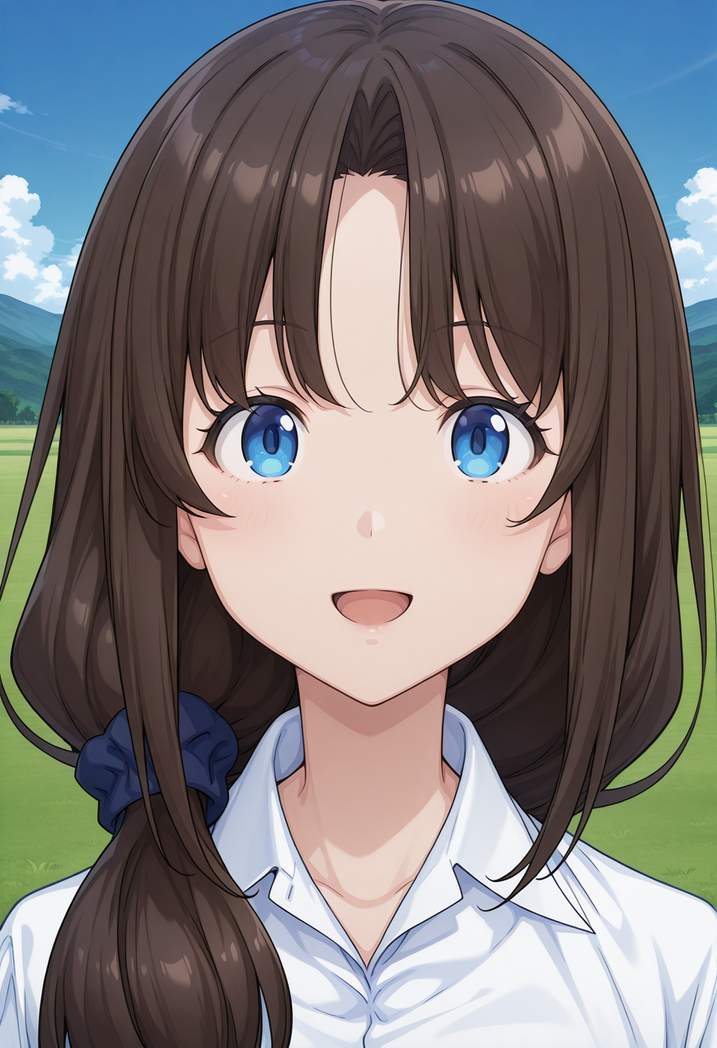 tantei1_ayumi, blue eyes, brown hair, long hair, hair scrunchie, collared shirt, white shirt, , <lora:tantei1_ayumi_illustrious_ver1:0.8> 
smile,, masterpiece, best quality, sensitive,, 1girl, solo, blue sky, (grasslands:1.2), looking at viewer,, (upper body:1.2), (close-up:1.2), (facing viewer:1.2), (open eyes:1.4), (portrait:1.2)
