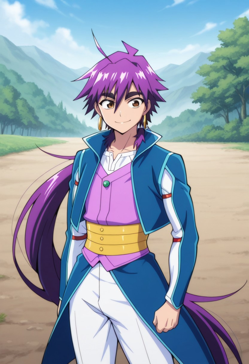 masterpiece,best quality,amazing quality, source_anime, 
Shindobaddo, 1boy, male focus, solo, brown eyes, purple hair, long hair, ponytail, hoop earrings, shirt, white shirt, jacket, blue jacket, open jacket, vest, purple vest, pants, white pants, outdoor, smile,