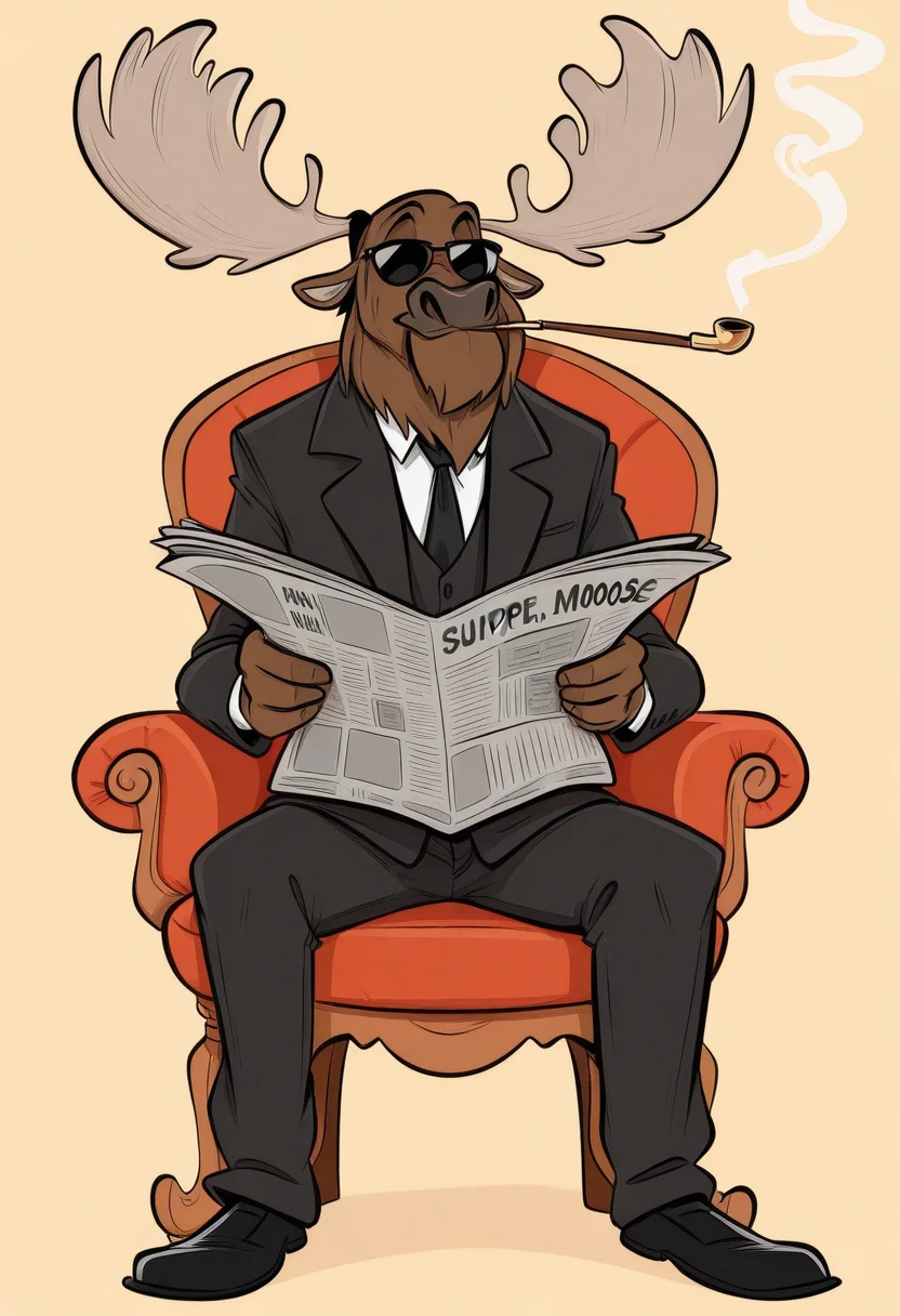 kricfalusistyle, masterpiece, best quality, solo, male moose, sitting, jumper, tie, reading newspaper, smoking pipe, sunglasses, puffy chair, seated