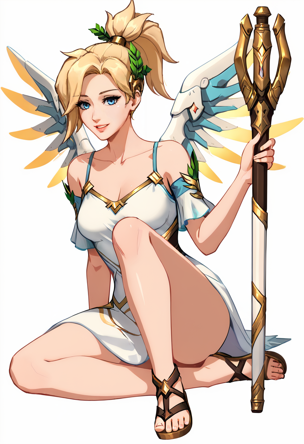woman, score_8_up,
Mercy_Overwatch, Winged Victory, 1girl, solo, breasts, smile, blue eyes, blonde hair, simple background, white background, dress, holding, bare shoulders, jewelry, medium breasts, sitting, collarbone, full body, short sleeves, parted lips, wings, barefoot, white dress, official alternate costume, lips, toes, sandals, high ponytail, staff, feathered wings, pink lips, holding staff, head wreath, mechanical wings, laurel crown, barefoot sandals, greek clothes,  blender \(medium\), 3d, 
<lora:Mercy__Pony_XL_epoch_13:1>