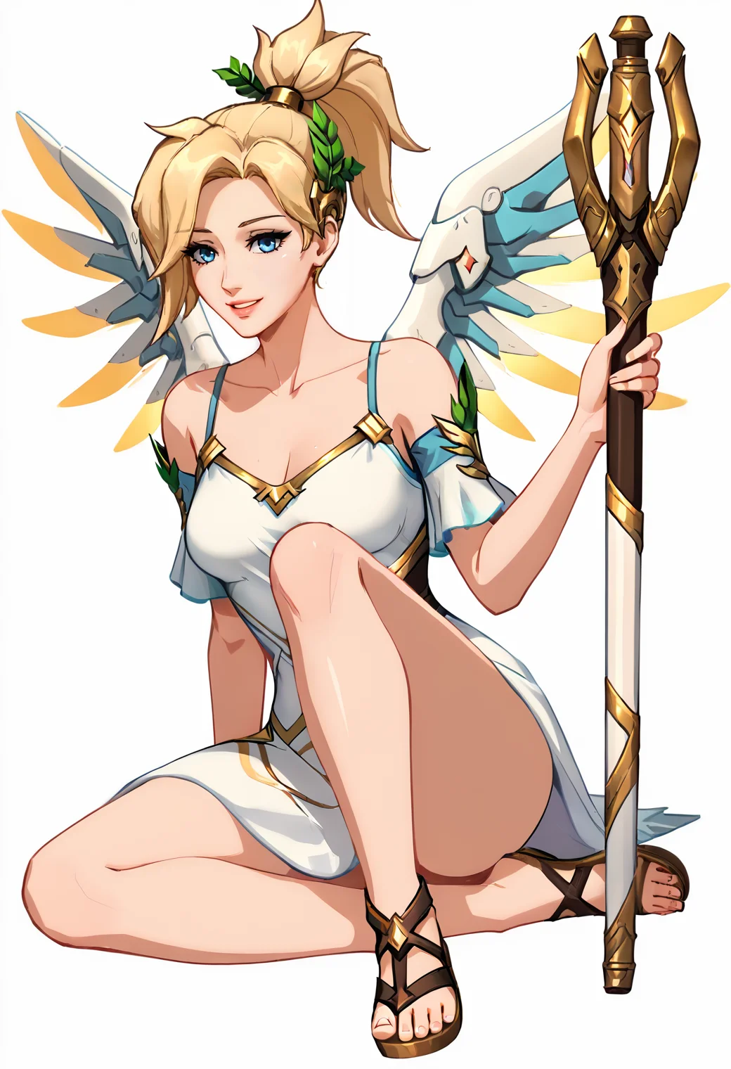 woman, score_8_up,
Mercy_Overwatch, Winged Victory, 1girl, solo, breasts, smile, blue eyes, blonde hair, simple background, white background, dress, holding, bare shoulders, jewelry, medium breasts, sitting, collarbone, full body, short sleeves, parted lips, wings, barefoot, white dress, official alternate costume, lips, toes, sandals, high ponytail, staff, feathered wings, pink lips, holding staff, head wreath, mechanical wings, laurel crown, barefoot sandals, greek clothes, blender \(medium\), 3d,
<lora:Mercy__Pony_XL_epoch_13:1>