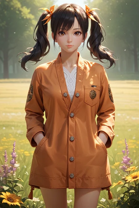 score_9, score_8_up, score_7_up,
<lora:TKXiaoyu:0.8>
TKXiaoyu, 1girl, twin tails, black hair, brown eyes, looking at viewer, standing in a field of lavender, hands in pockets, slight breeze blowing hair, warm golden hour sunlight, serene and peaceful mood