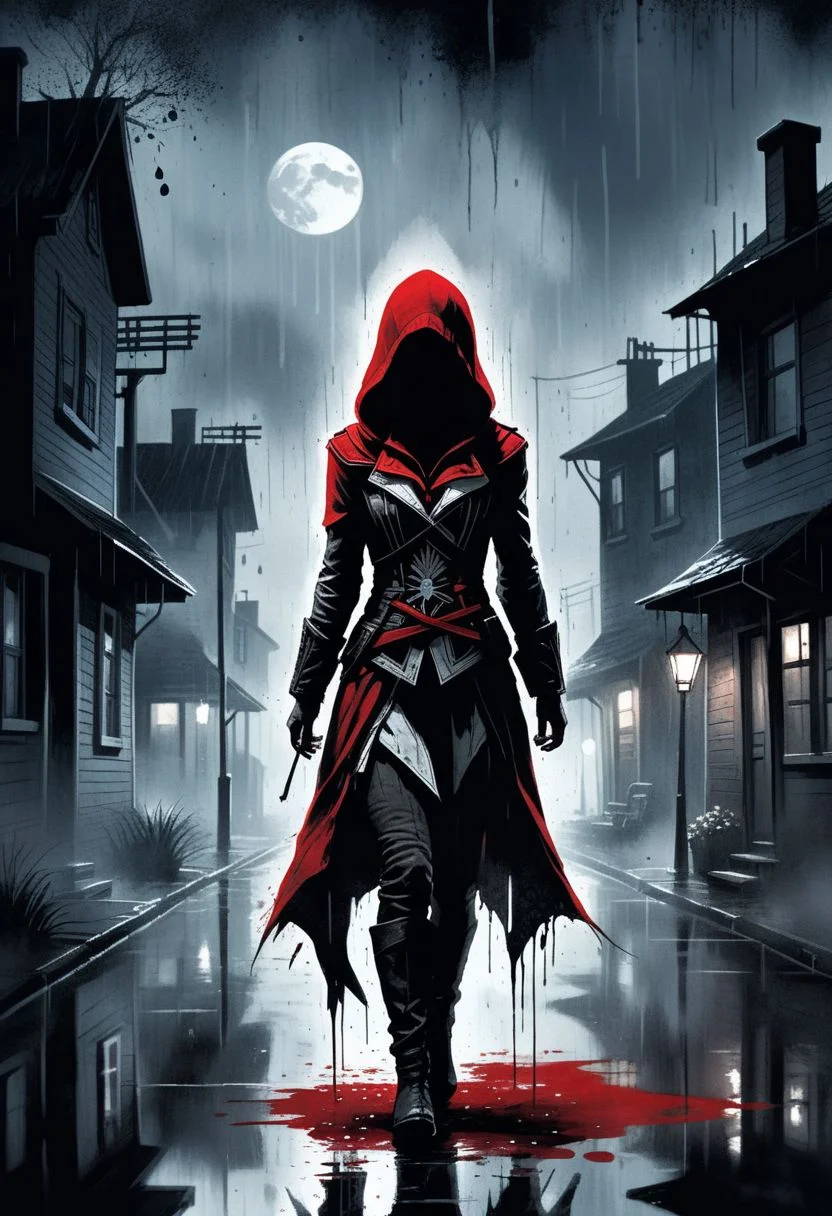 Ink illustration, female assassin s creed version of little red riding hood, rain, moon, night, eerily dark suburban street, ominous, silhouette, black and gray, reflection, fog, blurry, eerie light, wide shot, limited palette, tense, disturbing, unsettling, one isolated red stain, ink splatters, ink runs, ink spots, faded ink,  linquivera, ais-sinisterz