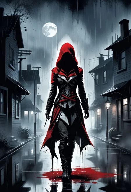 Ink illustration, female assassin s creed version of little red riding hood, rain, moon, night, eerily dark suburban street, ominous, silhouette, black and gray, reflection, fog, blurry, eerie light, wide shot, limited palette, tense, disturbing, unsettling, one isolated red stain, ink splatters, ink runs, ink spots, faded ink,  linquivera, ais-sinisterz