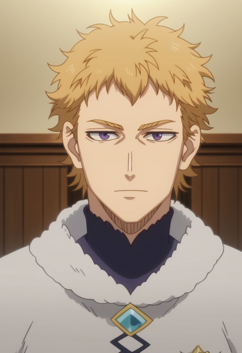 score_9, score_8_up, score_7_up, ((Anime Screencap)), jgreydeer_julius, blonde hair, purple eyes, short messy hair, looking at viewer, adult man,  indoors, middle body,