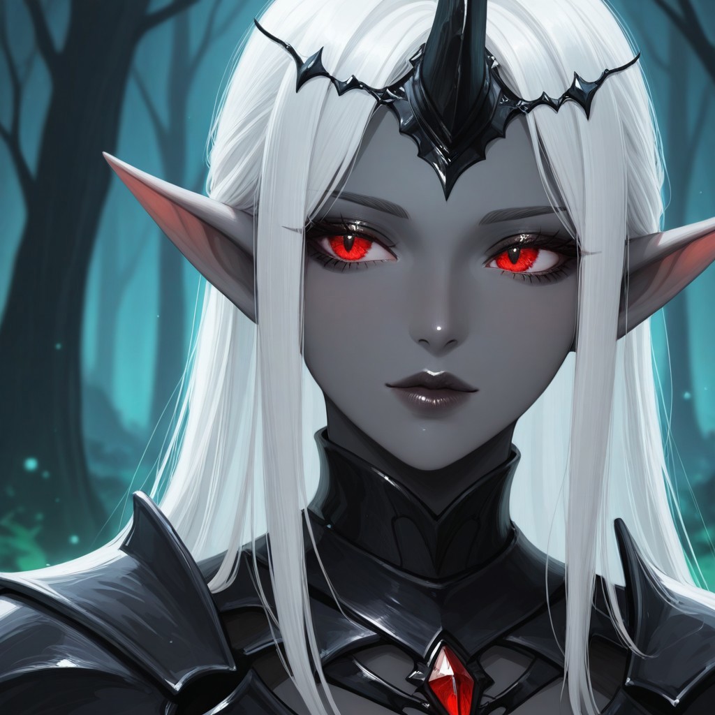 1girl,, Changeling, gray skin, detailed eyes, red eyes, pointed ears. white hair, dark eyelids, 1girl, Armor, detailed lips, glossy lips, Outdoor, fantasy background, nature, blurred background,