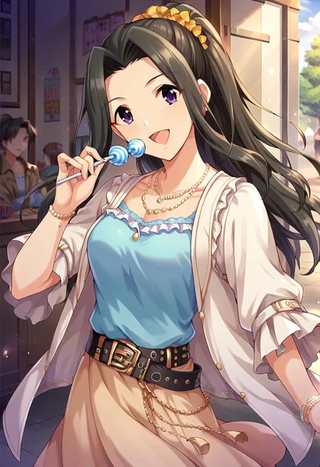 score_9, score_8_up, score_7_up, source_anime,suzumiya seika, long hair, black hair, purple eyes, jewelry, necklace, belt, smile, solo focus, half updo, ponytail, candy, open mouth, 1girl