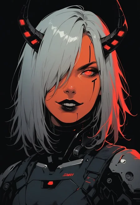 score_9, score_8_up, score_7_up, score_6_up, gundamwingcockpit, demon, horns, futuristic, scifi, red plugsuit, small breasts, solo, medium hair, hair over one eye, gloves, g0thicPXL, dutch angle, smirk, technology, glowing, neon, holographic display, sinozick style, orange skin, dark lips, close up