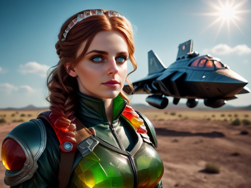 <lora:GummiRay:1>   GummiRay, panoramic view, made of gummi, a pilot girl, soldier clothing battlefield in background, anime style, hair down, symmetrical facial features  , <lora:bombshell_v2:0.6>   large breasts, <lora:sdxl_photorealistic_slider_v1:0.8>    (cinematic lighting:1.1), moody lights, 50mm zeiss supreme prime lens, clear and sharp focus, shallow dof, beautifully color graded, dynamic composition, sparkle, (diamonds:1.1),