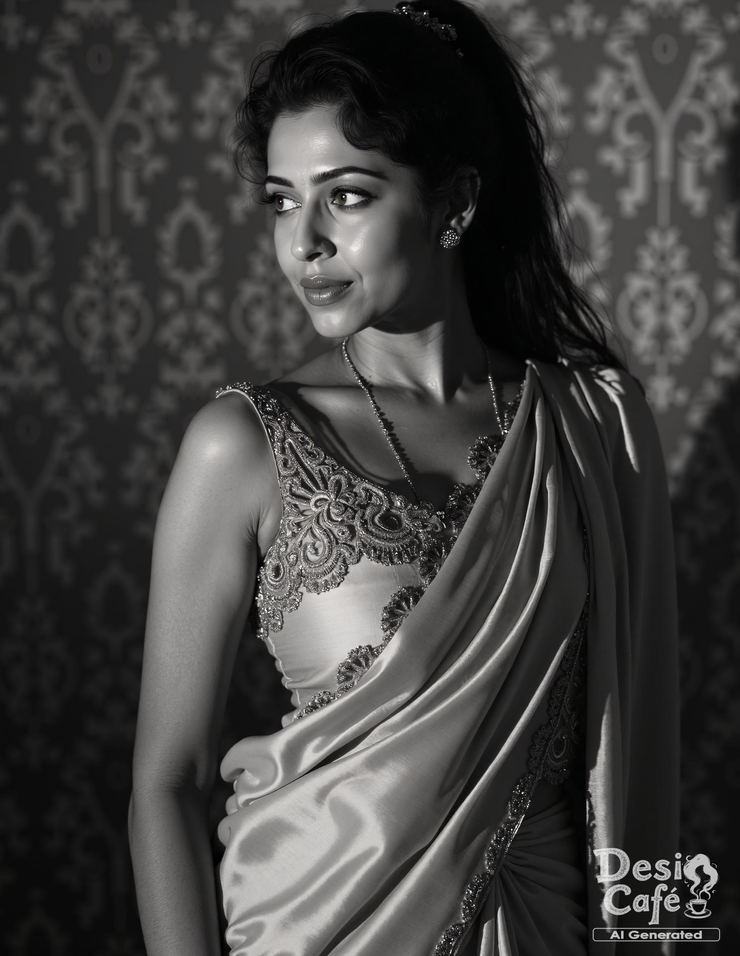 vintage still from black and white noir film photo of Sonarika Bhadoria woman, hyper realistic photo that is safe for work, shouting, studio quality image, well dressed wearing intricate sleevelessIndo-Western Gown, hair styled as high ponytail,muted shaded wallpaper background that contrasts with the person, cinematic lighting,âââââ <lora:Sonarika_Bhadoria_Flux_Kohya_V1-000002:0.8>âââ