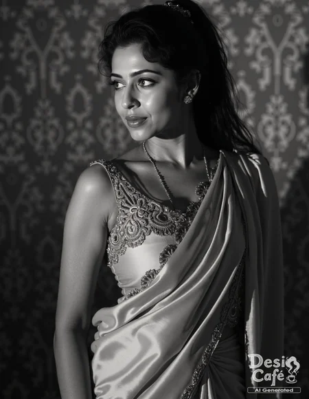 vintage still from black and white noir film photo of Sonarika Bhadoria woman, hyper realistic photo that is safe for work, shouting, studio quality image, well dressed wearing intricate sleevelessIndo-Western Gown, hair styled as high ponytail,muted shaded wallpaper background that contrasts with the person, cinematic lighting,âââââ <lora:Sonarika_Bhadoria_Flux_Kohya_V1-000002:0.8>âââ