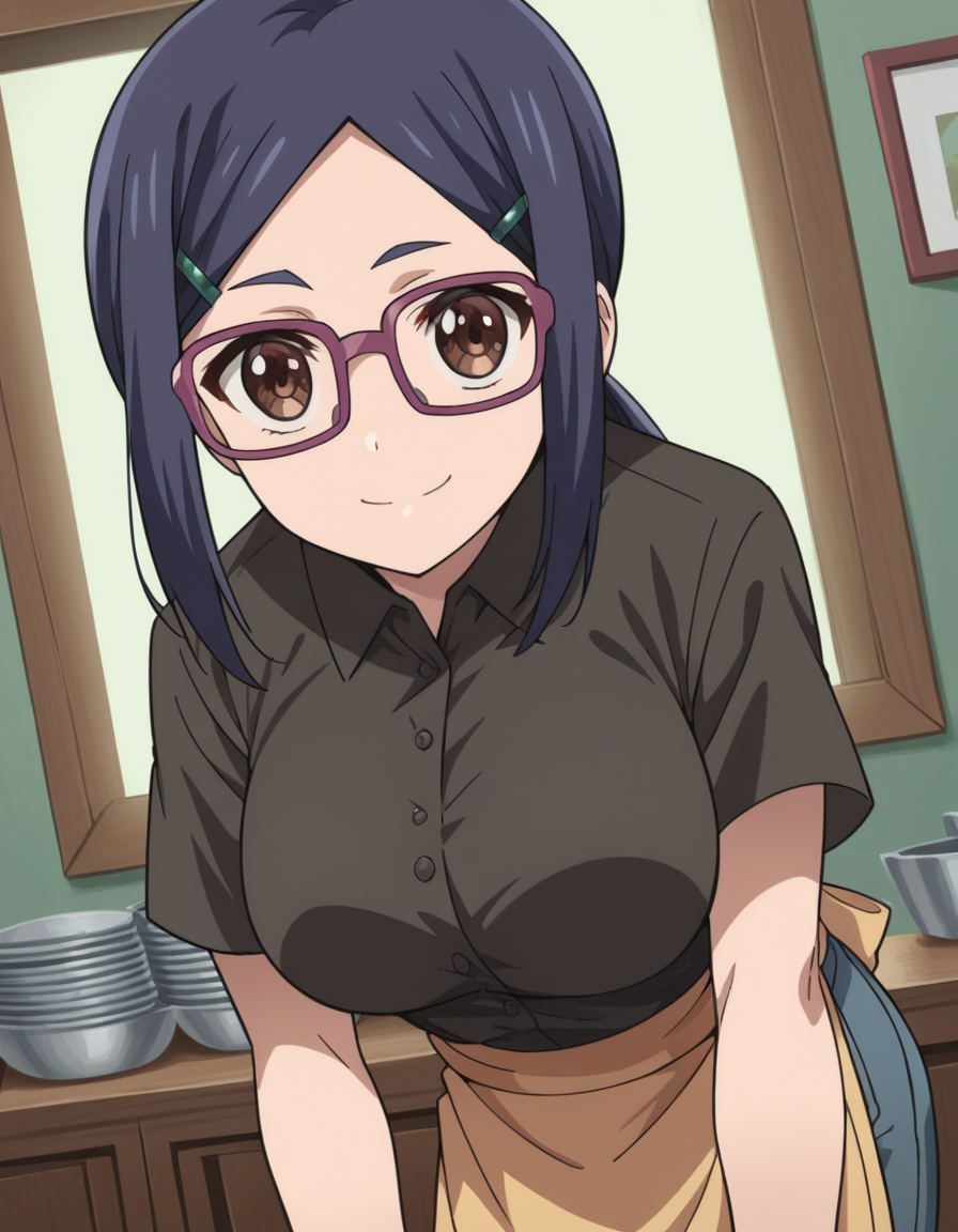 score_9, score_8_up, score_7_up, source_anime,
amiasai, <lora:ami-asai-s2-ponyxl-lora-nochekaiser:1>,
ami asai, long hair, hair ornament, brown eyes, blue hair, glasses, hairclip, ponytail, large breasts,
shirt, black shirt, collared shirt, short sleeves, apron, pants, denim,
indoors, bent over, smile,
looking at viewer, cowboy shot, solo, dutch angle,