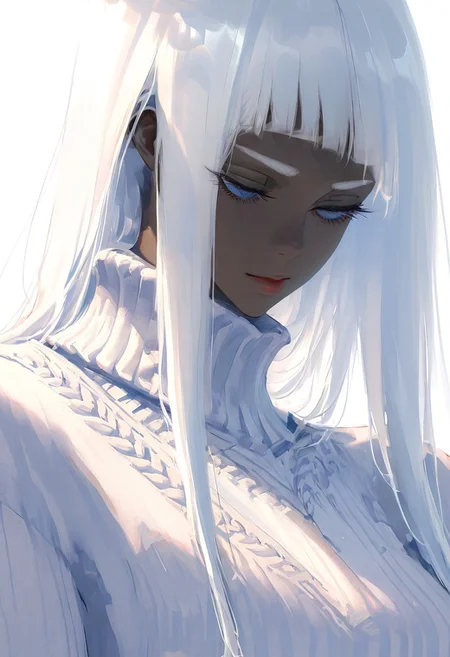 masterpiece, best quality, amazing quality, <lora:Ophelia:0.8>, ophelia_amleth, white hair, long hair, blue eyes, dark-skinned female, dark skin, simple background, white background, sweater, eyelashes, turtleneck, looking down, half-closed eyes, portrait, pale skin, close-up, covered mouth, white sweater, long eyelashes,
wlop, nhl-001, limited palette, realistic <lora:noobai_ep11_stabilizer_v0.138_fp16:0.3> <lora:NOOB_vp1_detailer_by_volnovik_v1:0.3> <lora:nhl-002-nai:0.7> <lora:nhl-001-20:0.8> <lora:XXX667:0.6>