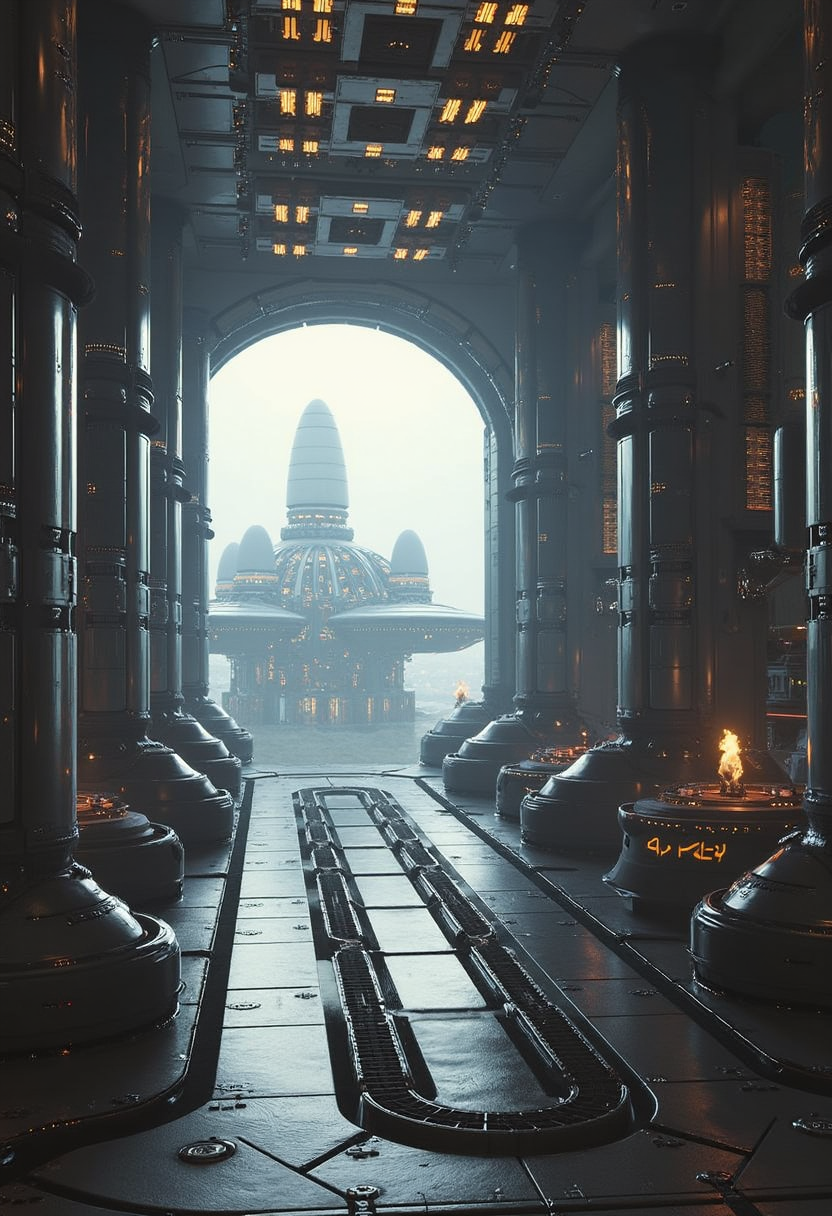yfg-l3ms, YFG-L3ms sleek spacecraft corridors lined with vacuum-sealed canisters, distant construction drones shaping the stationâs exterior
