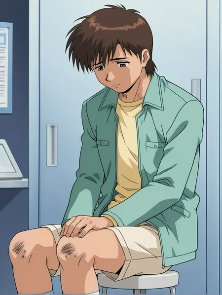 <lora:yakin-kaidan-illustrious-000004:0.9> hajime, brown eyes, green jacket, yellow shirt, shorts,
1boy, solo, scraped knee, hospital, sad, looking down, sitting, stool