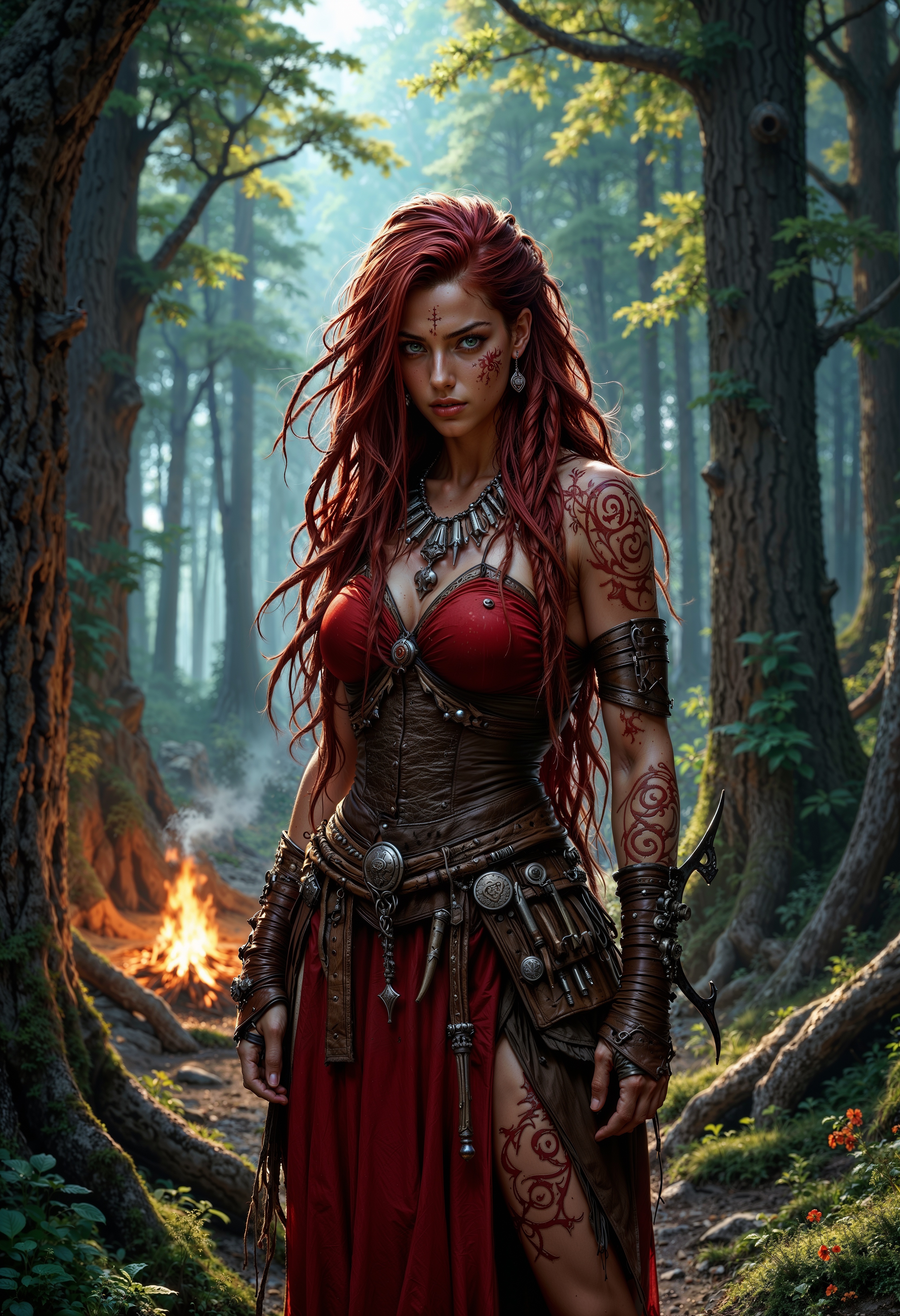 strong and curvy barbarian woman standing in a dense, mystical forest. She has very long, dark red hair with a mix of dreadlocks and braids, flowing down her back, adding to her wild and untamed appearance. Her attire consists of worn, weathered leather over a red dress, suggesting years of rugged survival, with tribal elements made from bones and furs. Her physique is decorated with intricate red spiral tattoos covering her arms and torso. The forest around her is rich with towering trees, with dappled sunlight filtering through the leaves, casting a eerie and magical glow, while shadows create a sense of depth and mystery. In the background there is a sizzling, glowing campfire with mystic smoke.