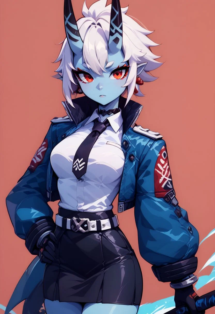 score_9, score_8_up, score_8, big breasts, (curvy), cute, eyelashes, 
BREAK, 
soukaku, red eyes, blue skin, white hair, short hair, horns, oni, black choker, blue jacket, white collared shirt, black tie, black skirt, 
soukaku, looking at viewer, short hair, skirt, gloves, holding, jewelry, jacket, weapon, earrings, belt, black skirt, over shoulder, fake screenshot, user interface,
 zPDXL,