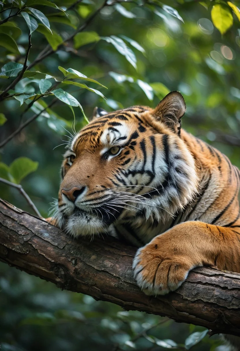 TREE branch in closeup, tiger sleeping, Fujifilm, moody color grading, ETERNA COLOR GRADING, AESTHETIC IMAGE, filter.DOF. cinematic, still, artistic. striking details of swirling photographed on a Sony A7R IV, 18mm F/1.7 cine lens, (highly detailed, intricately detailed), 8k, HDR,(volumetric lighting), (dynamic lighiting), , real shadows, intricate detail, photorealistic DOF. cinematic, still, artistic. striking details of swirling bokeh,depth of field.Helios 44-2 is 49mm., swirling bokeh