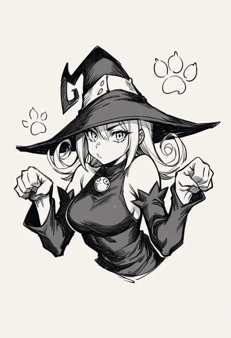 score_9, score_8_up,score_7_up, source_anime, seblair, witch hat, black dress, detached sleeves, black thighhighs, paw pose, :3, monochrome, upper body,
<lora:Potat-pencil_drawing_sketch_v1-USENEG:-1> ,
<lora:souleater_blair_ponyXL:0.8> , pencil drawing, sketch