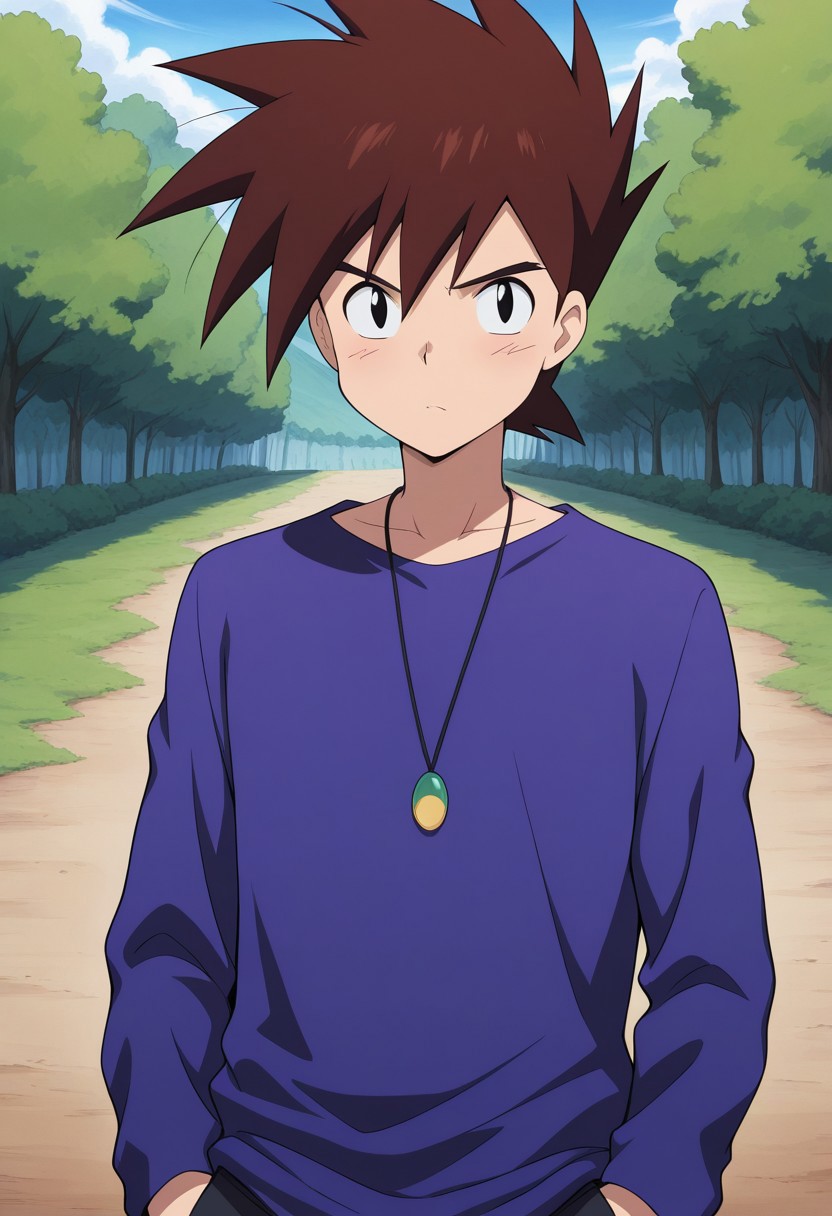 masterpiece,best quality,amazing quality, source_anime, 
gary_kanto, 1boy, male focus, solo, black eyes, brown hair, spiked hair, shirt, purple shirt, jewelry, necklace, 
outdoor,
