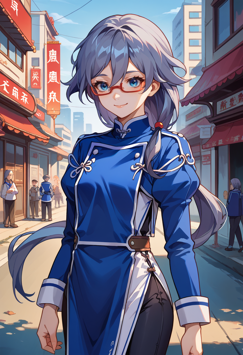 score_9, score_8_up, source_anime, HuaValk, blue eyes, grey hair, long hair, low ponytail, glasses, blue uniform, chinese clothes, long sleeves, black pants, outdoors, city, smile, <lora:ChamFuHuaPonyXL:1>
