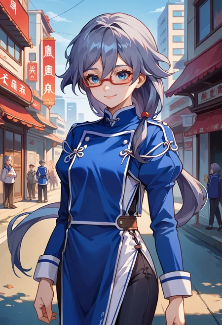 score_9, score_8_up, source_anime, HuaValk, blue eyes, grey hair, long hair, low ponytail, glasses, blue uniform, chinese clothes, long sleeves, black pants, outdoors, city, smile, <lora:ChamFuHuaPonyXL:1>
