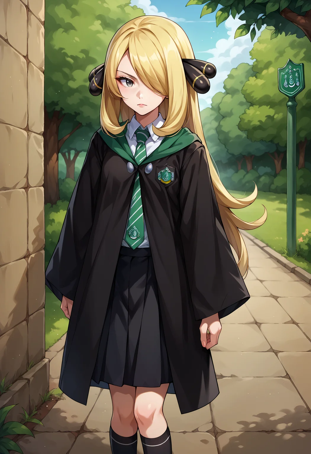 score_9, score_8_up,score_7_up, source_anime, rating_safe, 1girl, solo, <lora:EPpkCynthia:0.8> EPpkCynthia, long hair, blonde hair, hair over one eye, grey eyes, <lora:EPRobeSlytherinPDXL:1>, EPRobeSlytherin, wearing EPRobeSlytherin, black robe, hood down, wide sleeves, green necktie, diagonal-striped necktie, white shirt, collared shirt, badge, black skirt, black legwear, kneehighs, standing, outdoors,