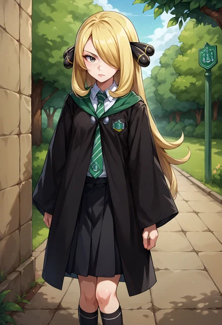 score_9, score_8_up,score_7_up, source_anime, rating_safe, 1girl, solo, <lora:EPpkCynthia:0.8> EPpkCynthia, long hair, blonde hair, hair over one eye, grey eyes, <lora:EPRobeSlytherinPDXL:1>, EPRobeSlytherin, wearing EPRobeSlytherin, black robe, hood down, wide sleeves, green necktie, diagonal-striped necktie, white shirt, collared shirt, badge, black skirt, black legwear, kneehighs, standing, outdoors,