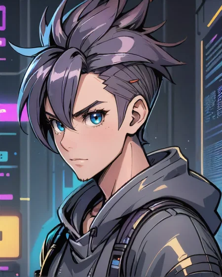 anime style, Dreamy 1boy, man, natural colored eyes, Mohawk with braided sides hairstyle, dynamic pose, <lora:EnvyCharacterPortraitHelperXL01:0.8>, BREAK portrait, looking away, solo, upper body, detailed background, detailed face, (<lora:DonMC0sm1cW3bXL:0.4> web, astral plain, DonMC0sm1cW3bXL theme:1.1), evil high-tech futuristic hacker, sly smirk, advanced technology, hoodie, techwear, augmented reality interface, cables, (holographic display:1.05), error message, barcode, computer, cryptography, , screens in background, subterfuge, dark sinister atmosphere,