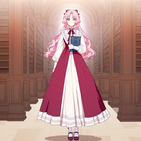 masterpiece, best quality, amazing quality, very aesthetic, absurdres, newest, scenery, 1girl, solo, <lora:Kiana_Frellai:1>, frellai, pink hair, emerald eyes, long hair, bangs, dress, full body, standing, holding book, library background, looking at viewer