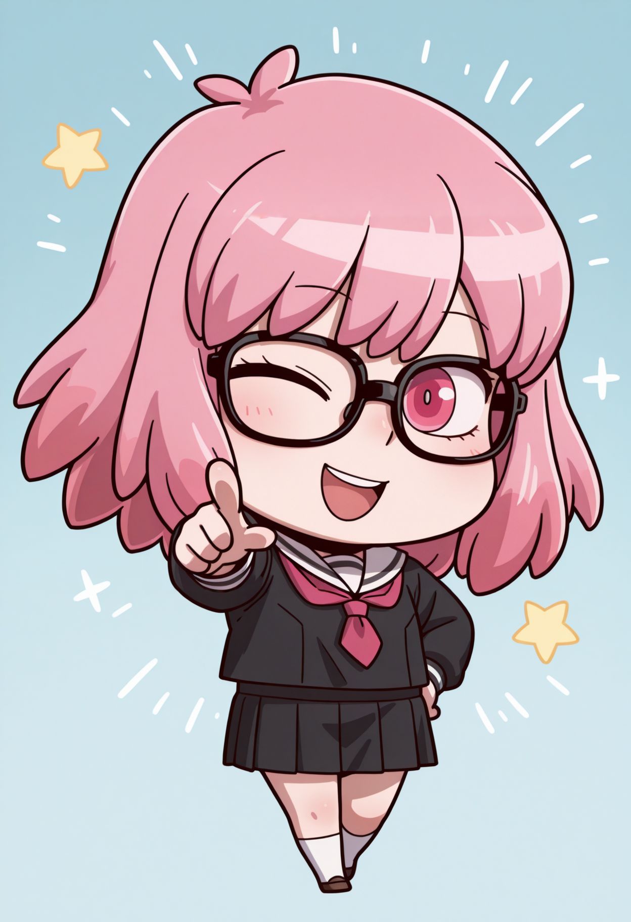 masterpiece,best quality,absurdres,highres,very aesthetic,high quality,detailed,insanely detailed,beautiful,perfect lighting, looking at viewer, looking at viewer, smile,
hand on hips, pointing at viewer, smile, open mouth, light blue background, star symbol, one eye closed, very awa
<lora:FGO_April_Fool:1> april fools, chibi, 
 <lora:Pop Step v2 illu:1> pink hair, glasses, solo, school uniform, skirt, socks, medium hair, black-framed eyewear, black skirt, pink eyes, white socks, black shirt, serafuku, pink eyes, shirt