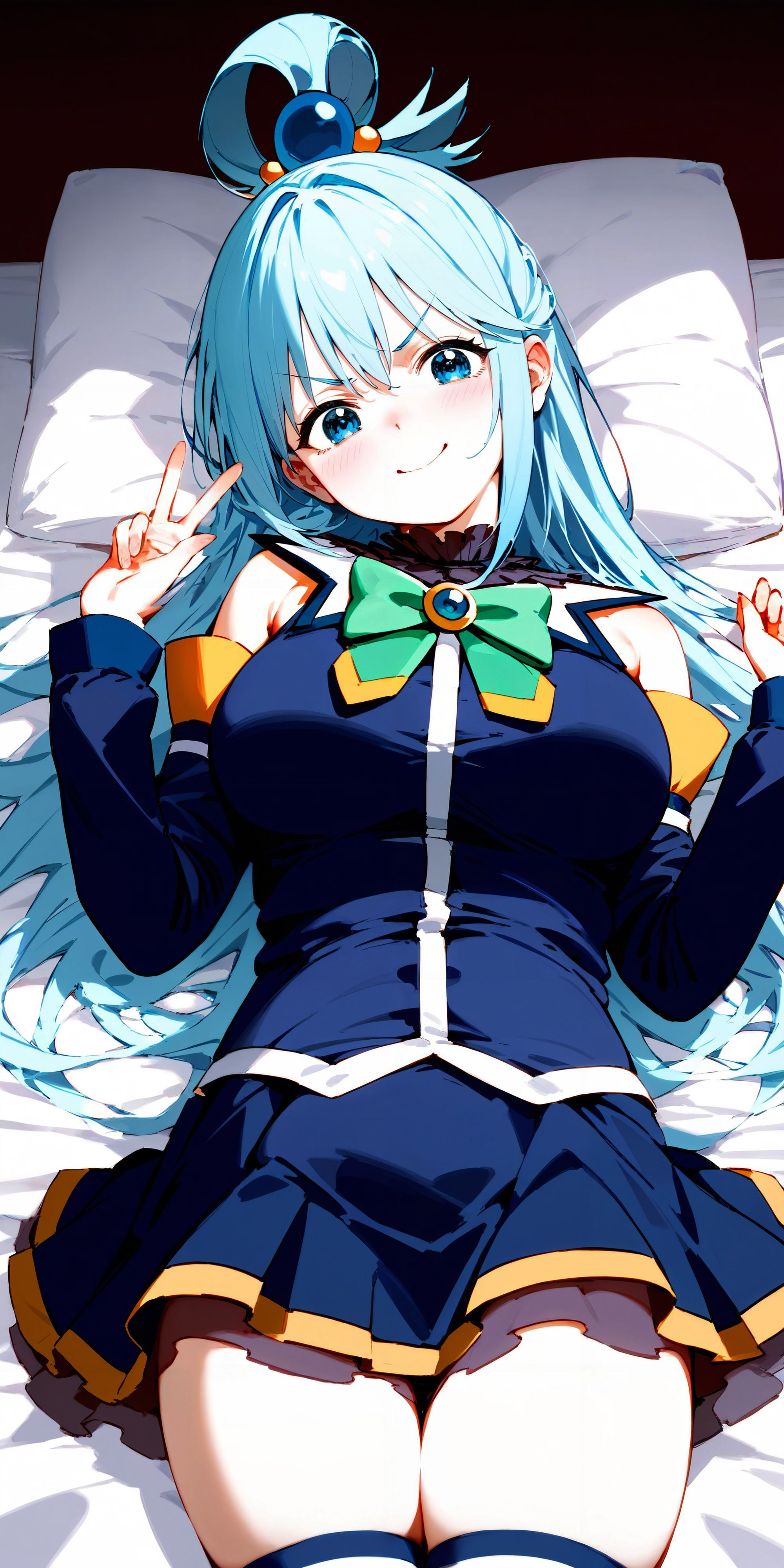 score_8_up,masterpiece,best quality,(upper body:1.3),aqua \(konosuba\),(blue eyes:1.2),shy,v-shaped eyebrows,(evil smile:1),Light blue hair,long hair,(large breasts:0.9),bare_shoulders,blue_skirt,blue_thighhighs,detached_sleeves,green_bowtie,hair_ornament,miniskirt,white_sleeves,white_thighhighs,sleeveles_shirt,blue_shirt,looking at viewer,on bed,on back,lying,missonary position,<lora:Aqua_XL-10:1.2>,