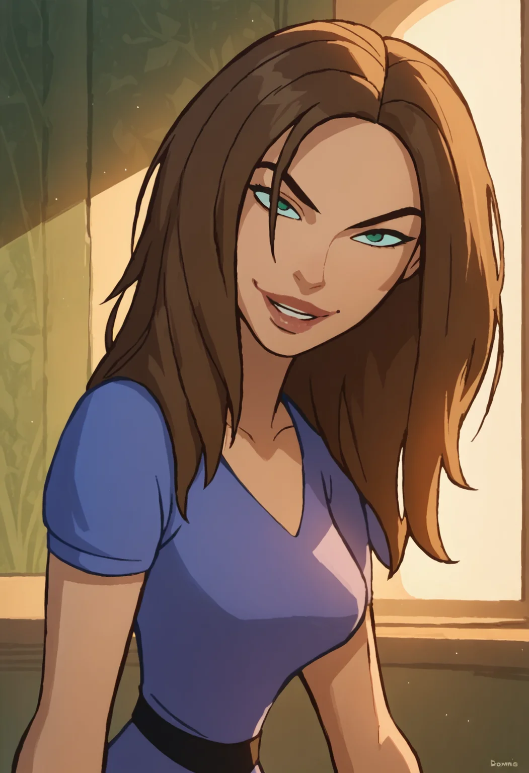 bonnie, 1girl, brown hair, solo, , long hair, green eyes, smile, dress, light smile,indoors, looking at viewer,lips,  <lora:BonniePony1.0:1.0>, score_9, score_8_up, score_7_up, score_6_up, score_5_up, score_4_up