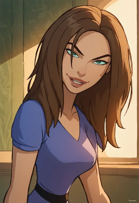 bonnie, 1girl, brown hair, solo, , long hair, green eyes, smile, dress, light smile,indoors, looking at viewer,lips,  <lora:BonniePony1.0:1.0>, score_9, score_8_up, score_7_up, score_6_up, score_5_up, score_4_up