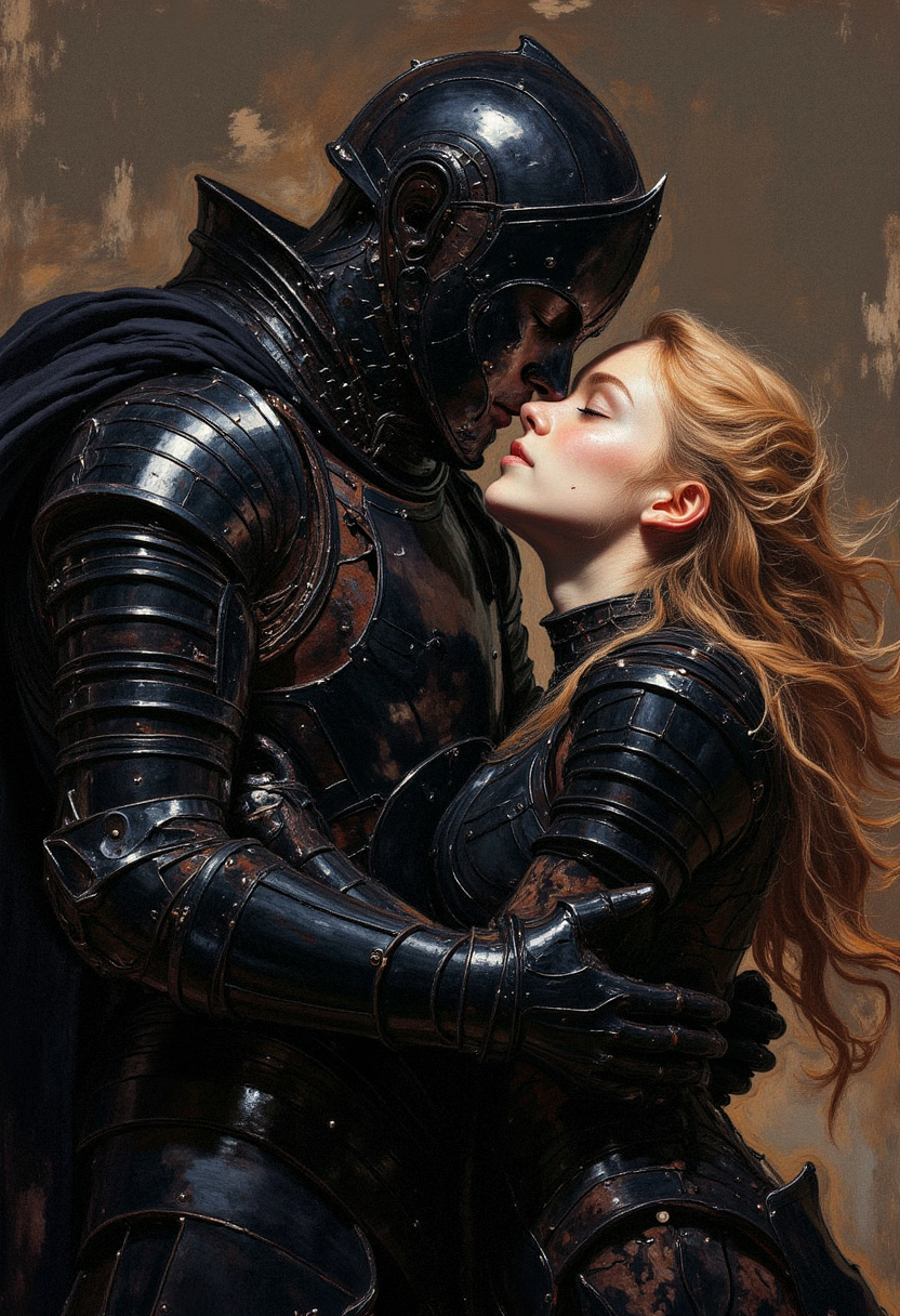 A close-up of two figures in dark, medieval-style armor, locked in an intimate embrace. The main figure, a tall and muscular knight, wears a full suit of black plate armor with intricate details and sharp, angular edges. His helmet is completely closed, obscuring his face, and his body is slightly leaning forward as he holds the second figure tightly. The second figure is a woman in matching black armor, with long, flowing golden hair cascading down her back. Her face is partially visible, pressed against the knight's chest, her eyes closed. Their armor reflects minimal light, highlighting the texture of the metal. The lighting is soft and subdued, creating a moody and emotional atmosphere. The background is a muted, abstract blend of dark browns and grays, drawing full attention to the figures.  <lora:FLUX-daubrez-DB4RZ:0.93> DB4RZ, DB4RZ style painting,  <lora:aidmaImageUpgrader-FLUX-V0.1:0.33> detailmaximizer, <lora:ARTifacts:0.66>