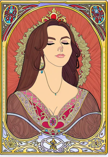 tarot card of the high priestess representing a clearly distinguishable Ava Addams , avall, brown hair, jewelry, medieval drawing, jimf, 1girl, goddess, stylized, art nouveau, celtic ornamental intuitive, unconscious, divine feminine, frame, masterpiece, great art, high quality, best quality, minimalisme, 8k, few colors,